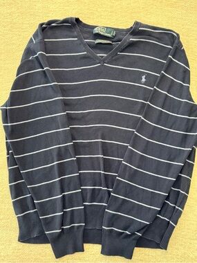 Ralph Lauren Navy and White Striped V‑Neck Sweater